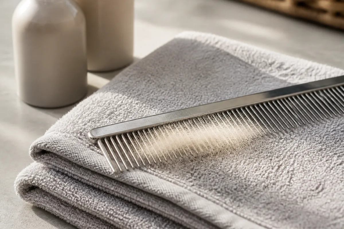 Peigne metallique et flacons de soin poses sur une serviette pliee, poils clairs accroches aux dents du peigne, lumiere du matin