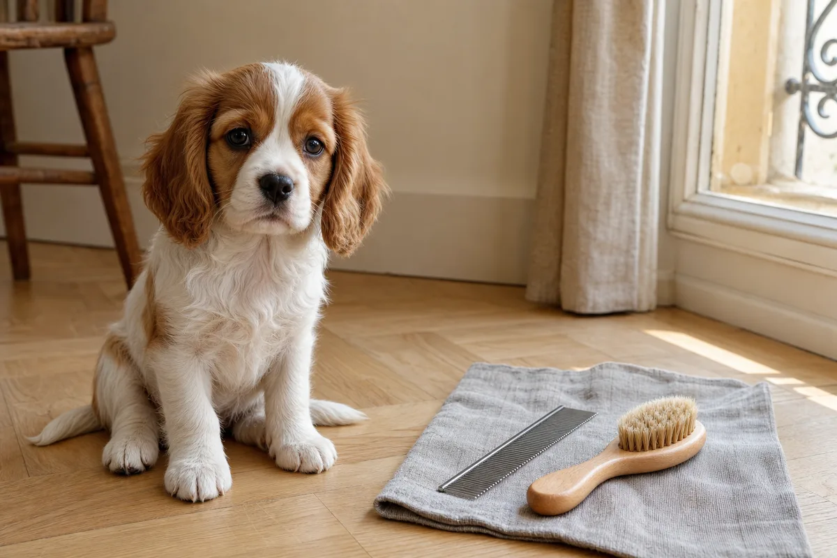 Jeune chien assis près d’un peigne métallique et d’une brosse posés sur un parquet clair