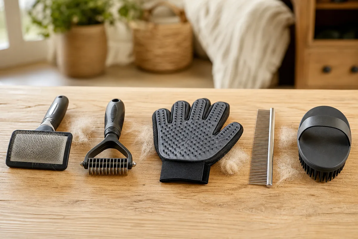 Cinq brosses différentes alignées sur une table en bois clair, carde, râteau, gant, peigne et étrille