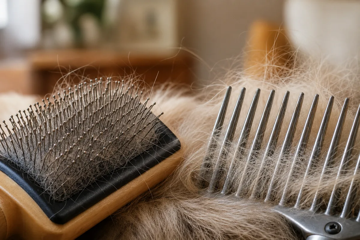 Gros plan sur les picots recourbés d’une carde et sur les dents longues d’un râteau à sous-poil