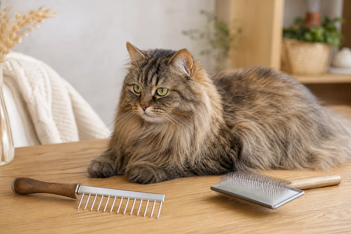 Peigne métallique à dents espacées et carde souple posés sur une table près d&rsquo;un chat à poil long