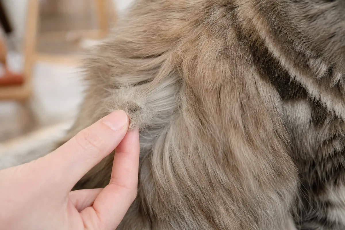 Bourre de poils compacte tenue à distance de la peau entre deux doigts sur le flanc d&rsquo;un chat