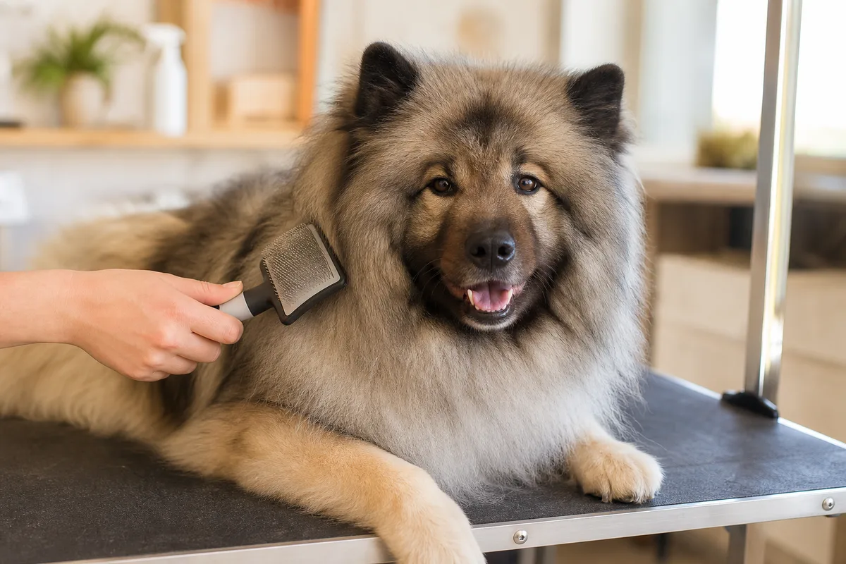 Brosse à picots, peigne métallique et ciseaux à bouts ronds posés sur une serviette claire près d'un chien couché