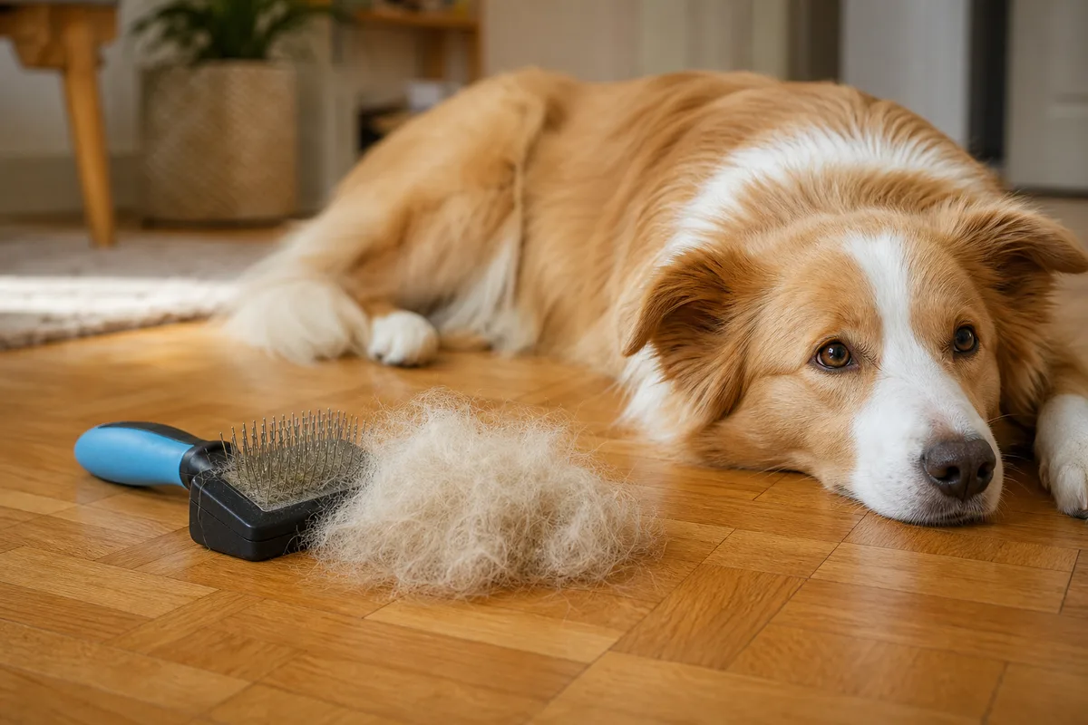 Poignée de sous-poil clair retirée d&rsquo;une brosse posée sur un parquet à côté d&rsquo;un chien couché
