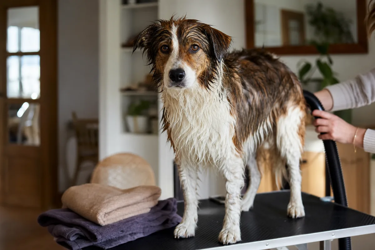 Chien de taille moyenne debout sur une table de toilettage à hauteur, poil mouillé, serviettes posées à côté