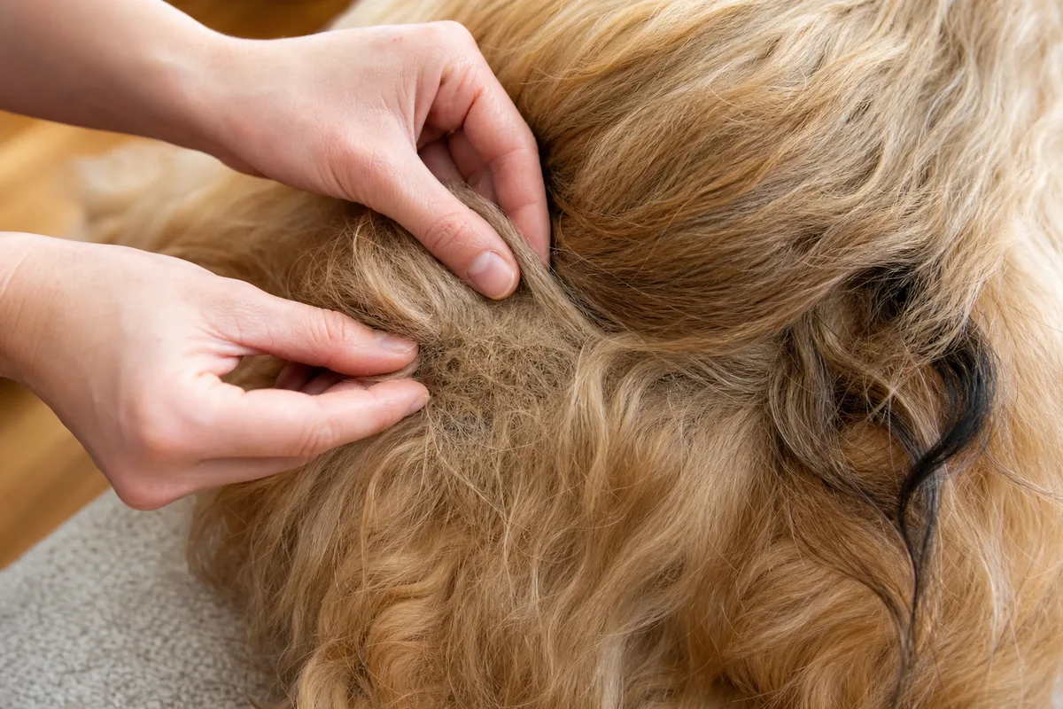 Doigts écartant une bourre de poils compacte sur le flanc d’un chien à poil long