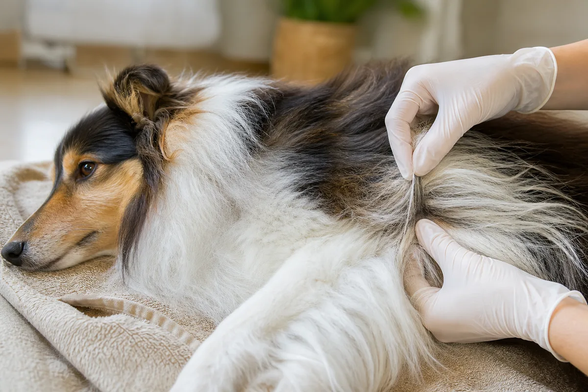 Mains gantées séparant une mèche de poil long sur le flanc d&rsquo;un chien couché sur une serviette