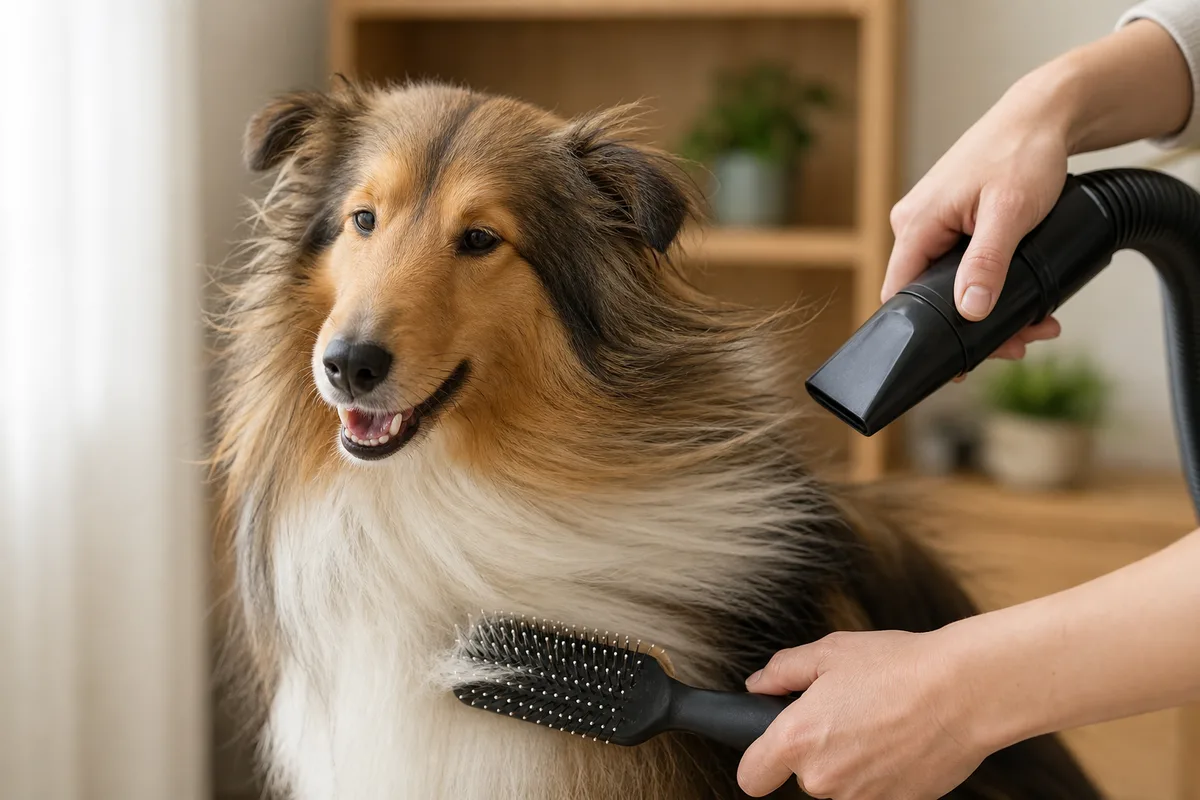 Chien à poil long séché au souffleur, poil soulevé, brosse tenue dans l&rsquo;autre main