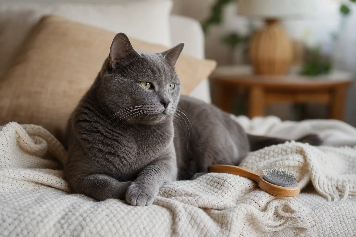 Chat gris couché sur un plaid, une brosse souple posée à côté de lui sans être utilisée