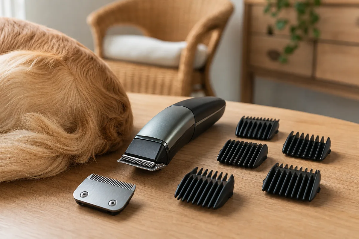Tondeuse pour chien posée à côté de plusieurs sabots plastiques et d’une lame de rechange sur une table